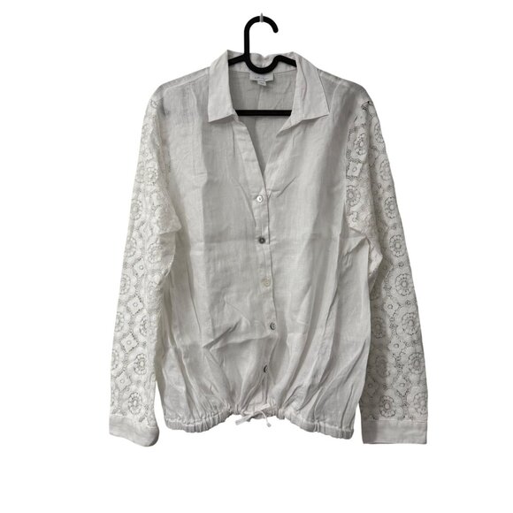 J Jill White Love Linen Floral Lace Long Sleeve Button Shirt Womens Size Medium - Picture 1 of 6